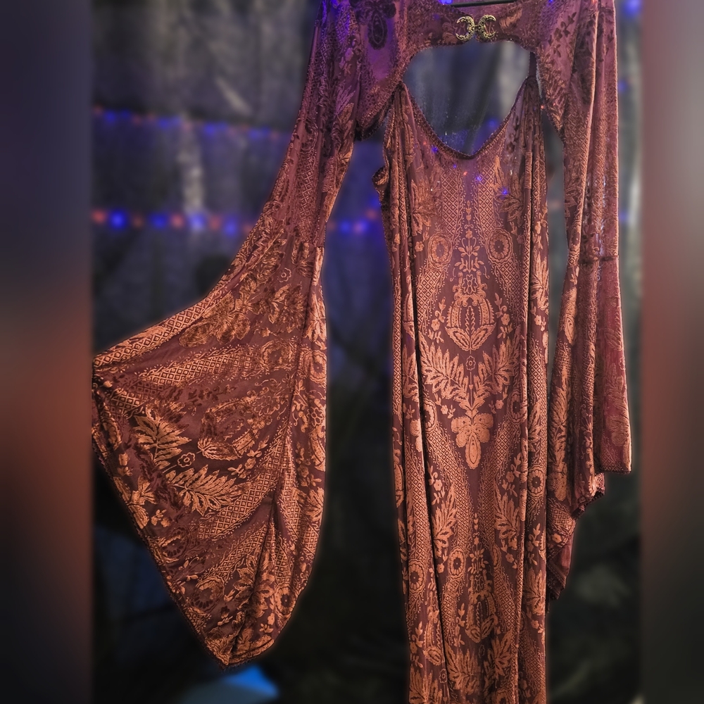 Gothic Elegant Burnt Golden Orange Floor Length Gown With Bell Sleeved Bolero